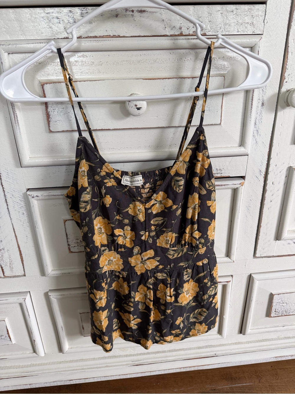 Abercrombie & Fitch Black Floral Spaghetti-Strap Cami with Mustard Flowers